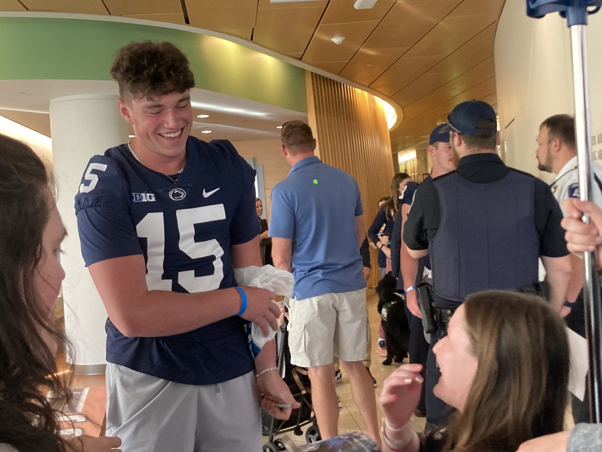 Penn State quarterback Drew Allar during a visit to Penn State Health Children's Hospital in Hershey.